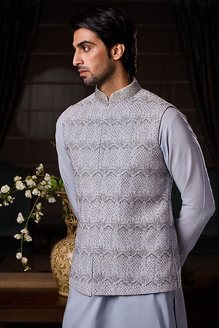 Powder Blue Raw Silk Embroidered Bundi Set by NITIKA GUJRAL MEN at Pernia's Pop Up Shop