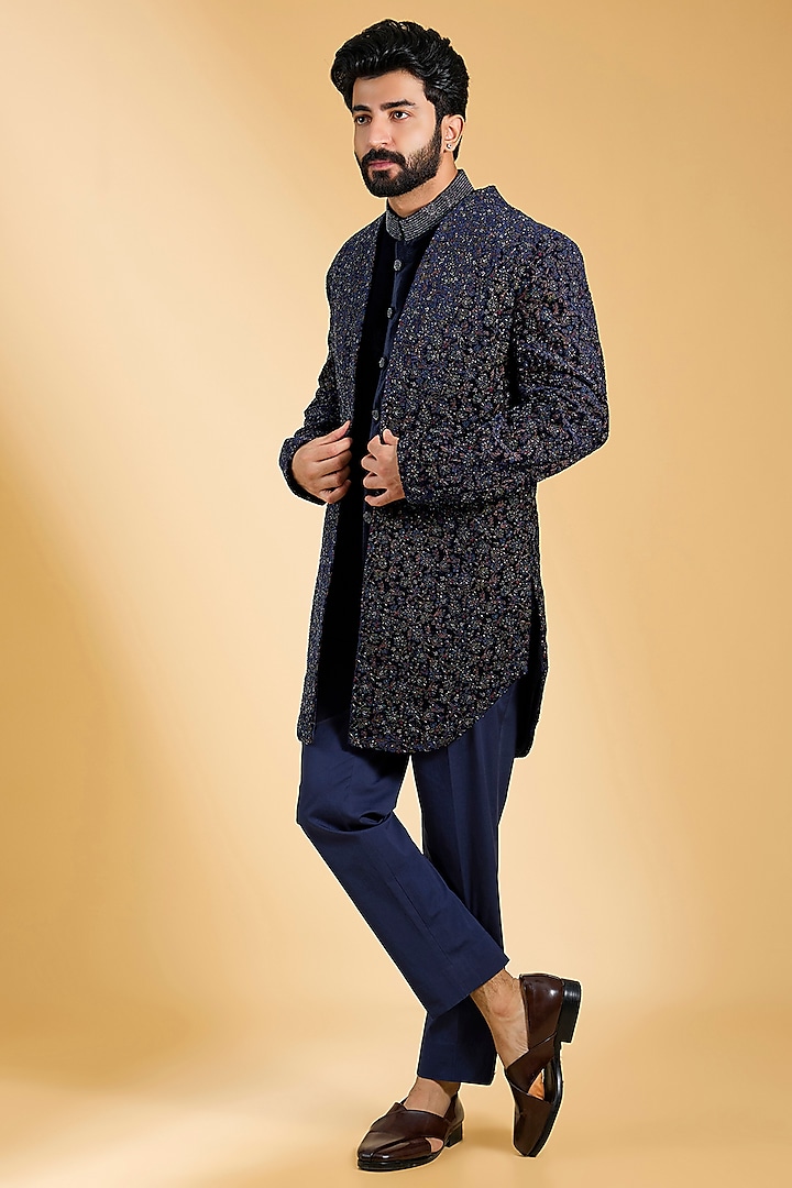 Blue Silk Indowestern Set by Histori