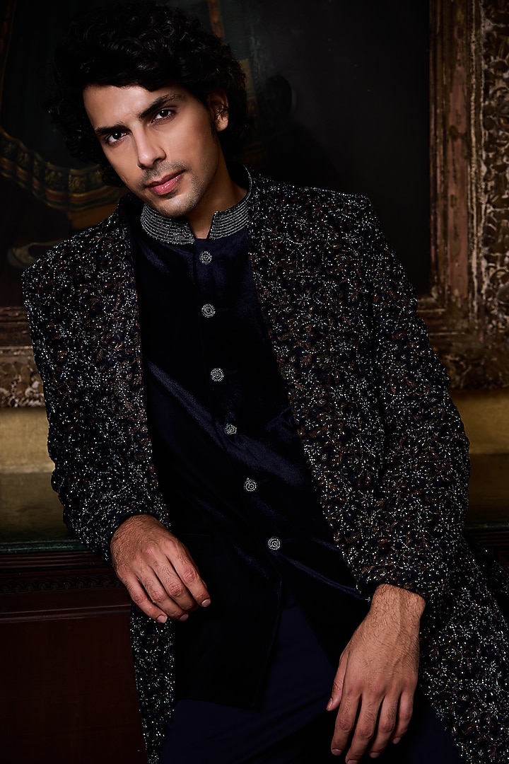 Blue Velvet Resham Embroidered Groom Indowestern Set by Histori at Pernia's Pop Up Shop
