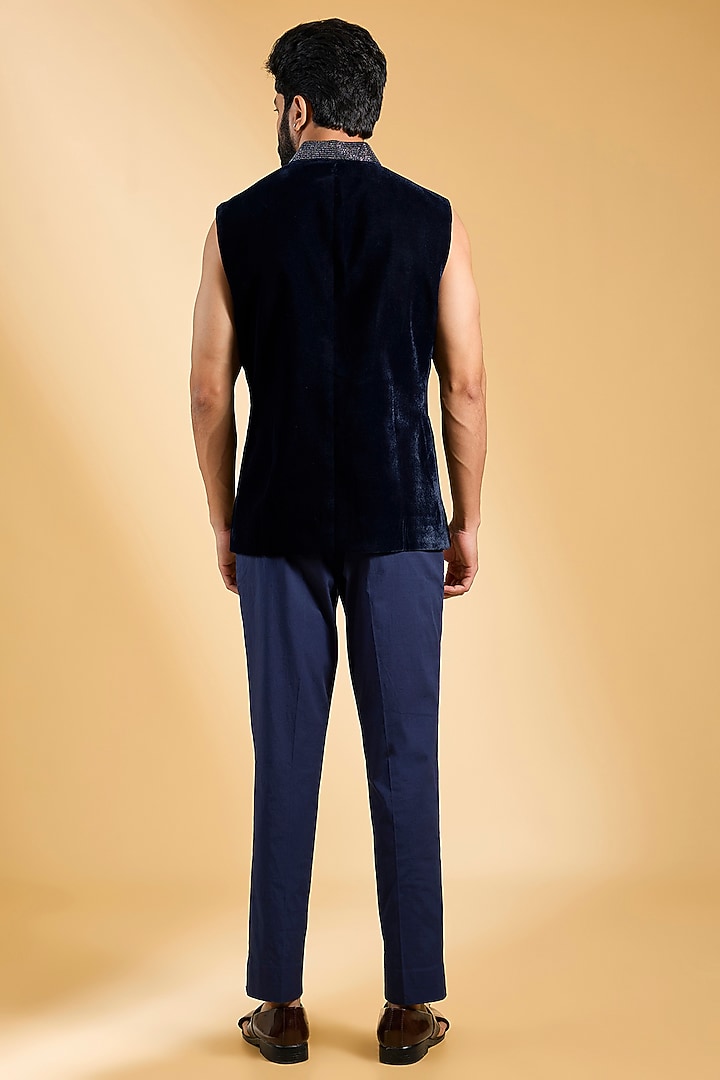 Blue Velvet Resham Embroidered Groom Indowestern Set by Histori at Pernia's Pop Up Shop