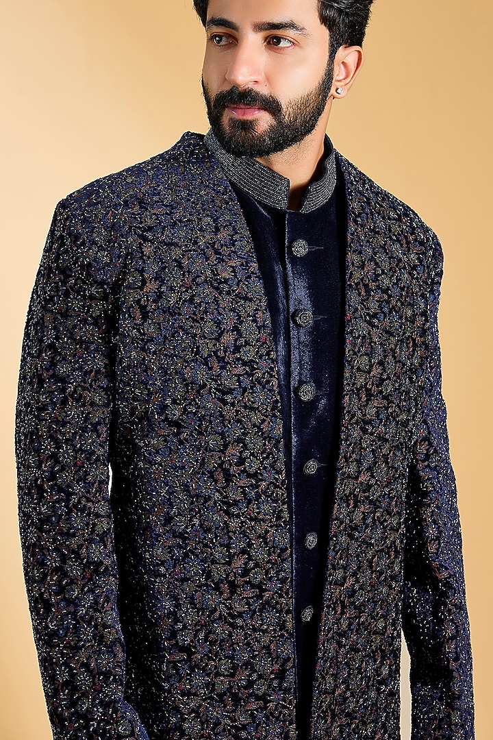 Blue Velvet Resham Embroidered Groom Indowestern Set by Histori at Pernia's Pop Up Shop