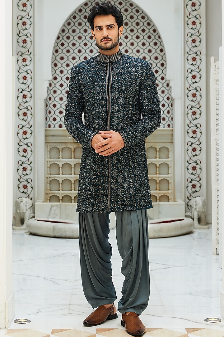 Teal Blue Raw Silk Resham & Beads Embroidered Sherwani Set by Histori