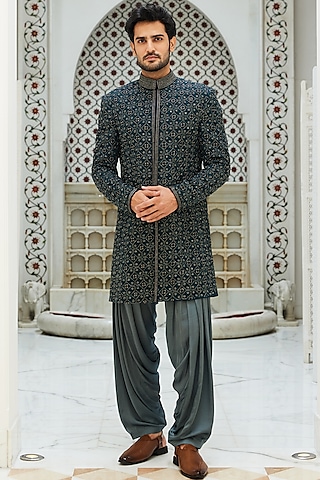 Teal Blue Raw Silk Resham & Beads Embroidered Sherwani Set by NITIKA GUJRAL MEN