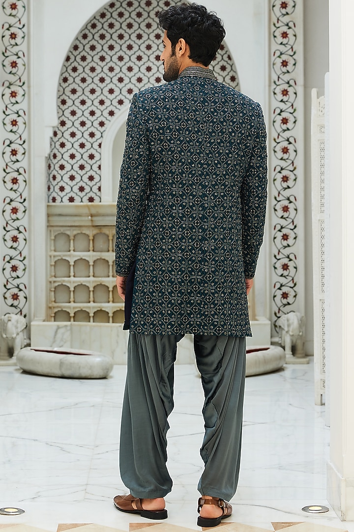 Teal Blue Raw Silk Resham & Beads Embroidered Groom Sherwani Set by NITIKA GUJRAL MEN at Pernia's Pop Up Shop
