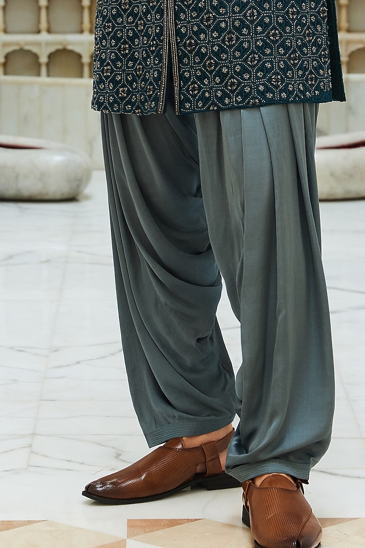 Teal Blue Raw Silk Resham & Beads Embroidered Groom Sherwani Set by NITIKA GUJRAL MEN at Pernia's Pop Up Shop