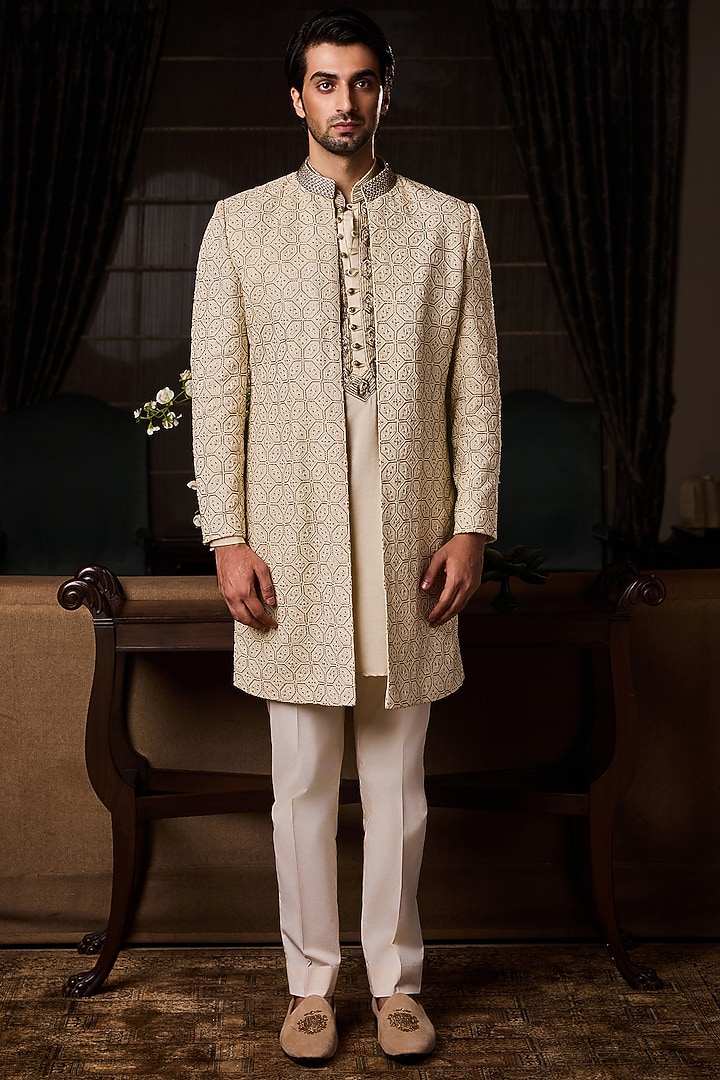 Beige Raw Silk Resham Embroidered Wedding Sherwani Set by Histori at Pernia's Pop Up Shop