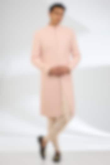 Peach Pure Silk Hand & Machine Embroidered Sherwani Set by Histori
