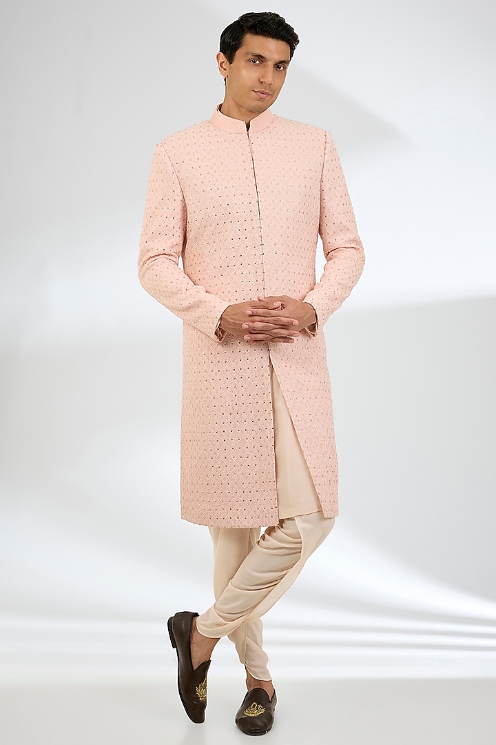 Peach Pure Silk Hand & Machine Embroidered Sherwani Set by Histori