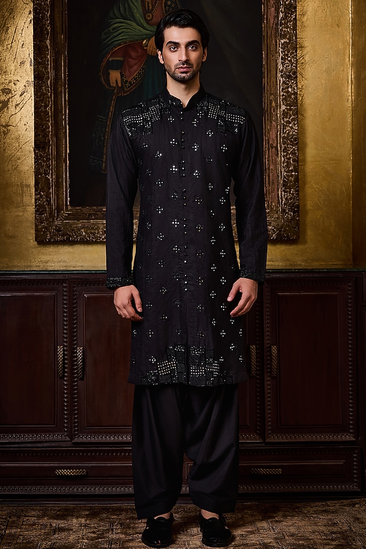 Black Cotton Silk Resham Embroidered Kurta Set by NITIKA GUJRAL MEN at Pernia's Pop Up Shop