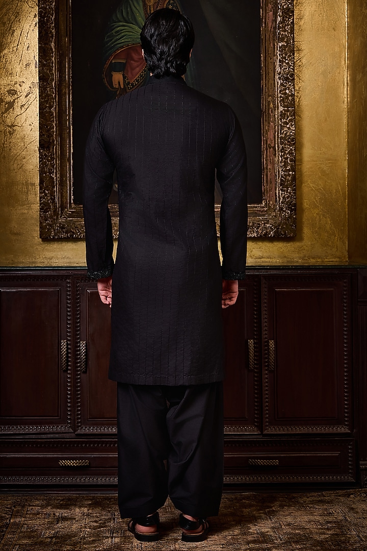 Black Cotton Silk Resham Embroidered Kurta Set by NITIKA GUJRAL MEN at Pernia's Pop Up Shop