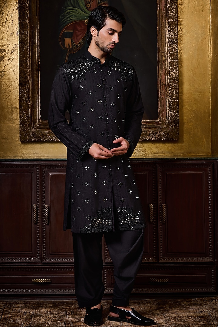 Black Cotton Silk Resham Embroidered Kurta Set by NITIKA GUJRAL MEN at Pernia's Pop Up Shop