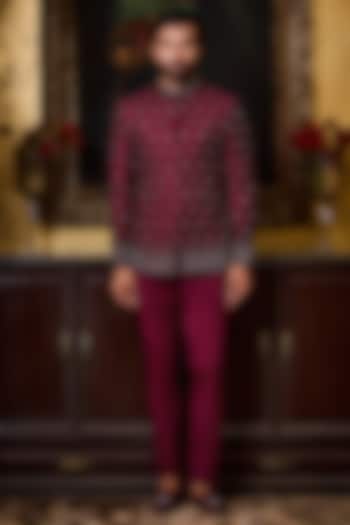 Burgundy Raw Silk Resham Embroidered Jodhpuri Set by Histori at Pernia's Pop Up Shop