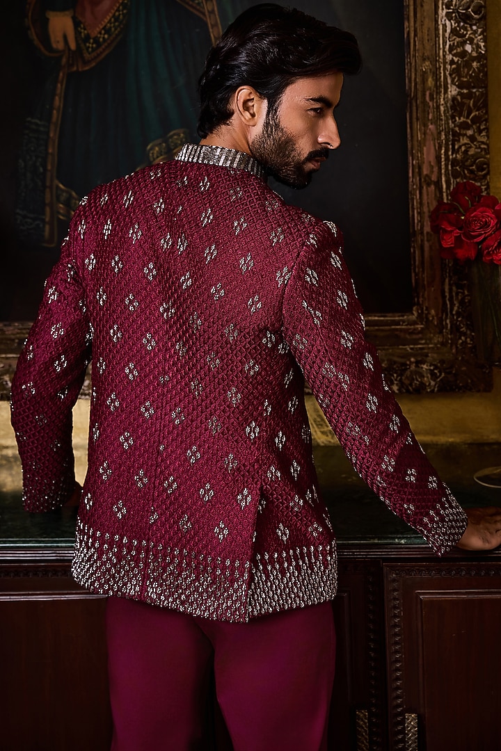 Burgundy Raw Silk Resham Embroidered Jodhpuri Set by NITIKA GUJRAL MEN at Pernia's Pop Up Shop