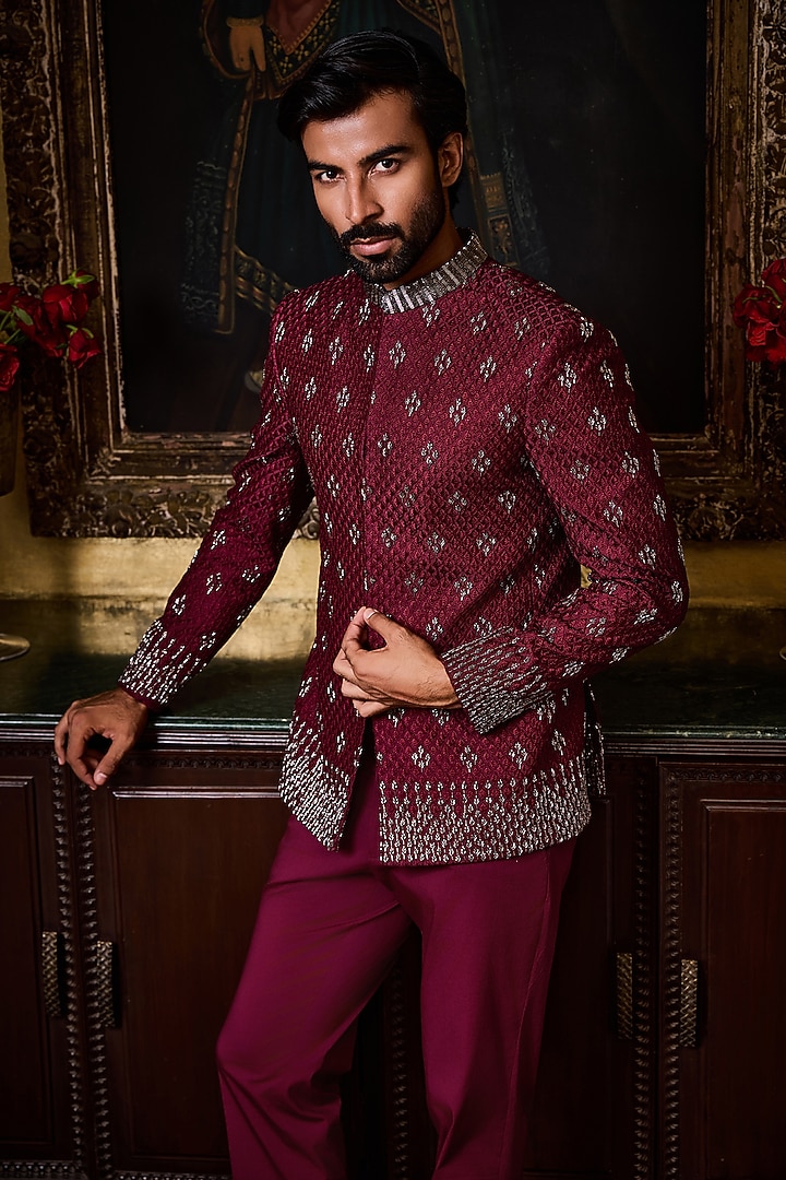 Burgundy Raw Silk Resham Embroidered Jodhpuri Set by NITIKA GUJRAL MEN at Pernia's Pop Up Shop