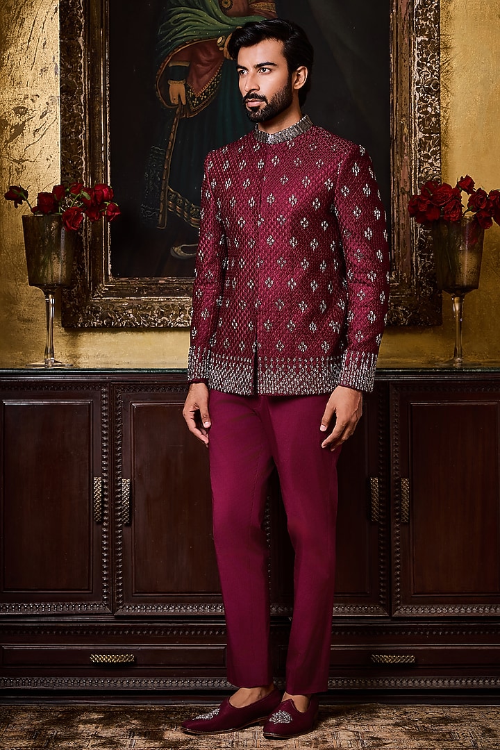 Burgundy Raw Silk Resham Embroidered Jodhpuri Set by NITIKA GUJRAL MEN at Pernia's Pop Up Shop