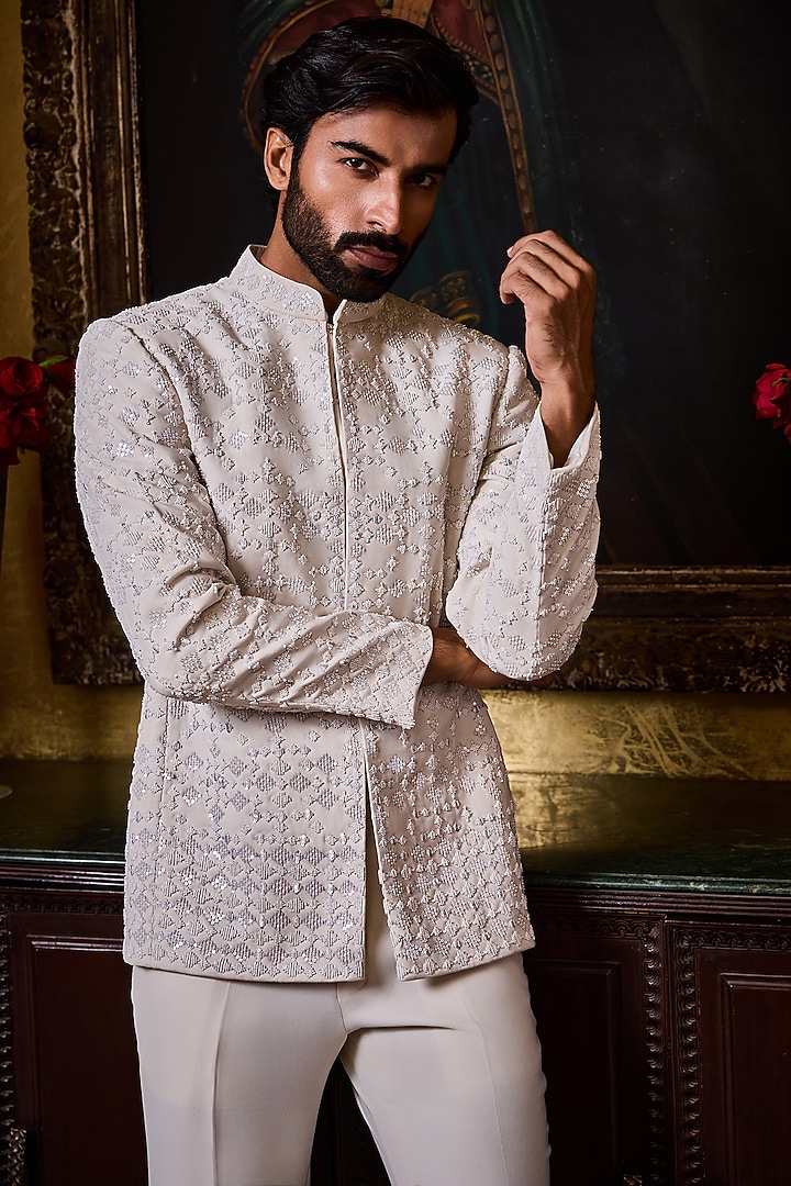 White Premium Suiting Embellished Jodhpuri Set by NITIKA GUJRAL MEN at Pernia's Pop Up Shop