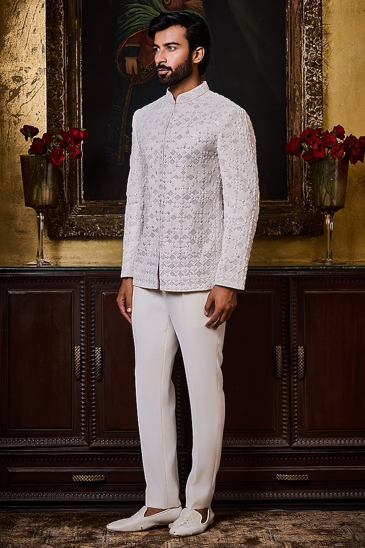 White Premium Suiting Embellished Jodhpuri Set by NITIKA GUJRAL MEN at Pernia's Pop Up Shop