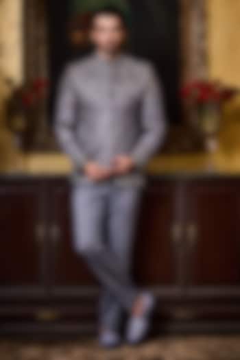 Grey Raw Silk Resham Embroidered Jodhpuri Set by Histori at Pernia's Pop Up Shop