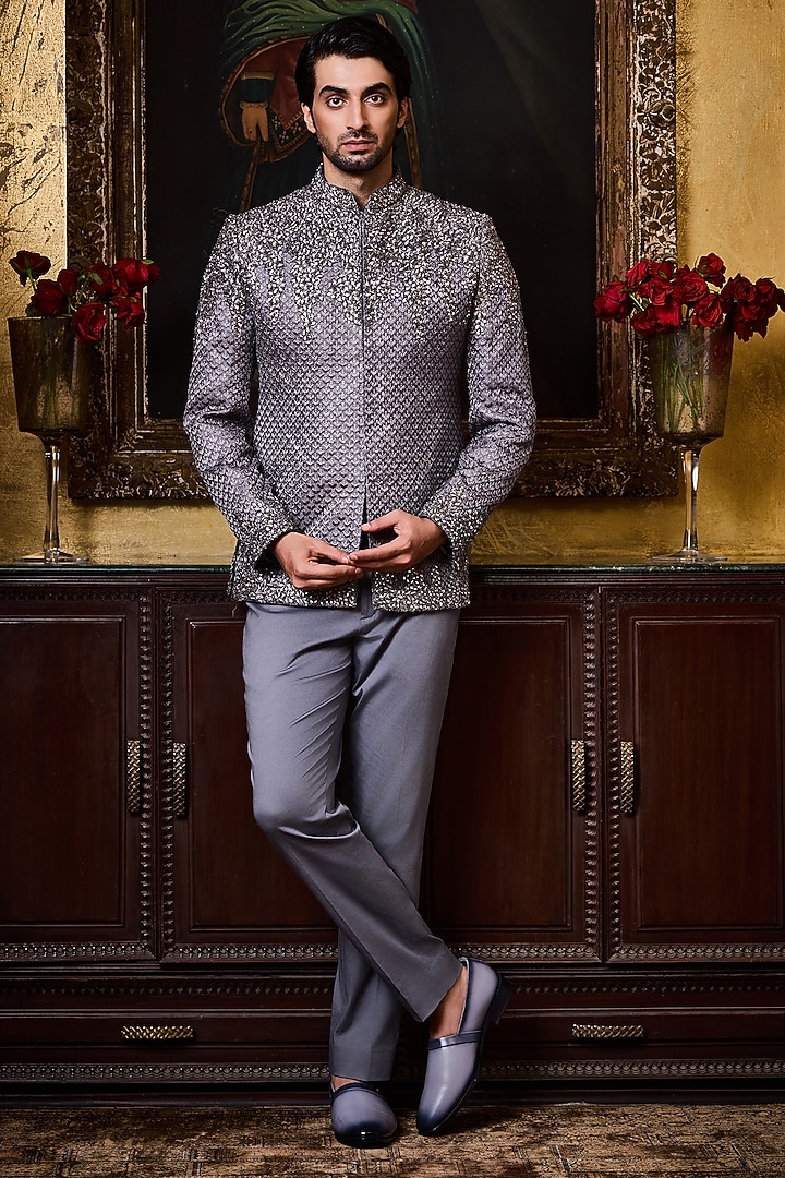Grey Raw Silk Resham Embroidered Jodhpuri Set by Histori at Pernia's Pop Up Shop