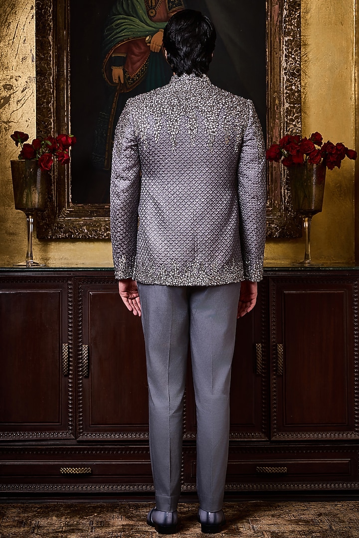 Grey Raw Silk Resham Embroidered Jodhpuri Set by NITIKA GUJRAL MEN at Pernia's Pop Up Shop
