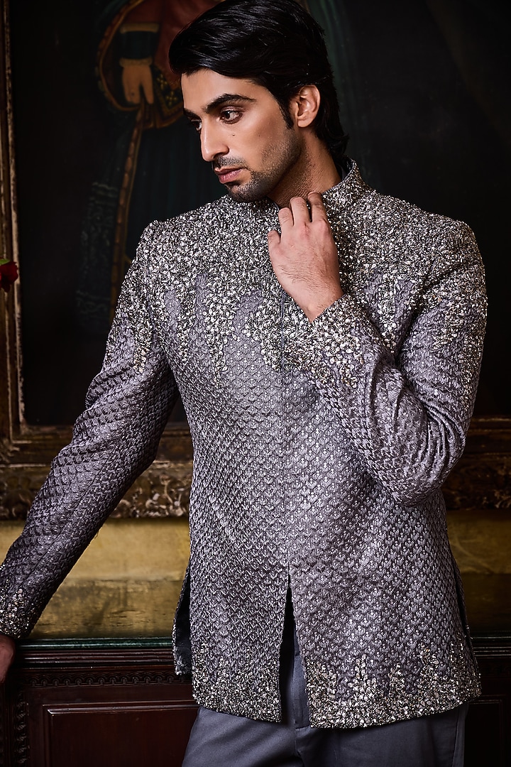 Grey Raw Silk Resham Embroidered Jodhpuri Set by NITIKA GUJRAL MEN at Pernia's Pop Up Shop