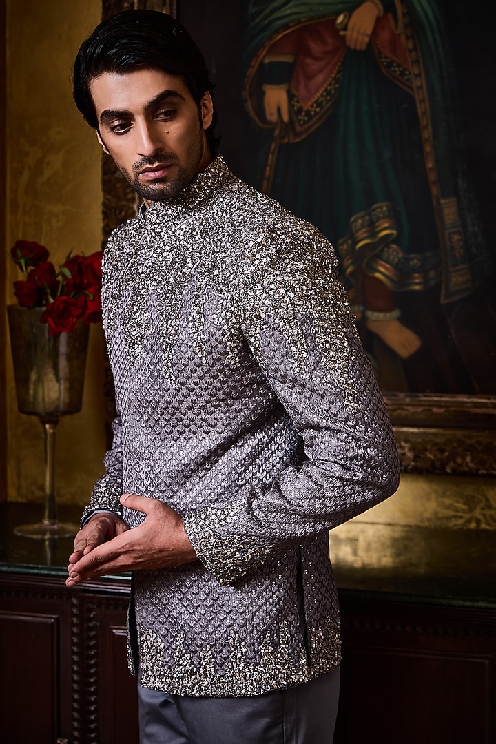Grey Raw Silk Resham Embroidered Jodhpuri Set by NITIKA GUJRAL MEN at Pernia's Pop Up Shop