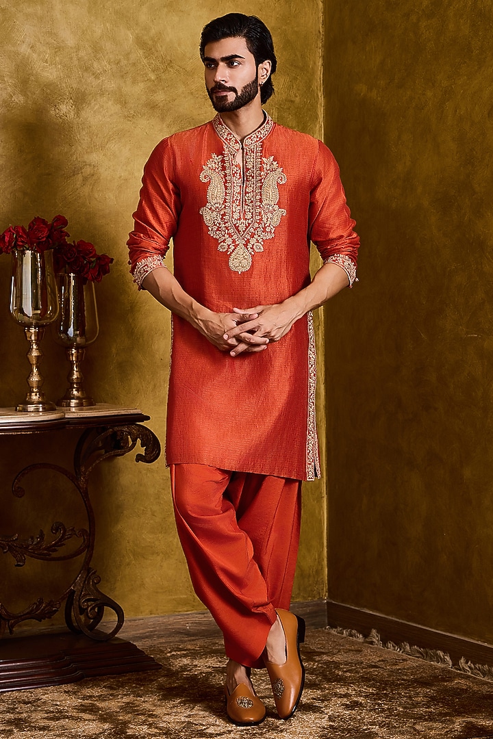 Rust Tissue Chanderi Applique Embroidered Kurta Set by Histori at Pernia's Pop Up Shop