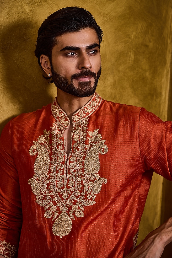 Rust Tissue Chanderi Applique Embroidered Kurta Set by NITIKA GUJRAL MEN at Pernia's Pop Up Shop