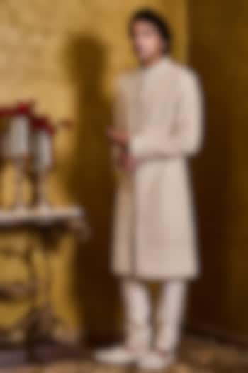 Beige Raw Silk Resham Embroidered Sherwani Set by Histori