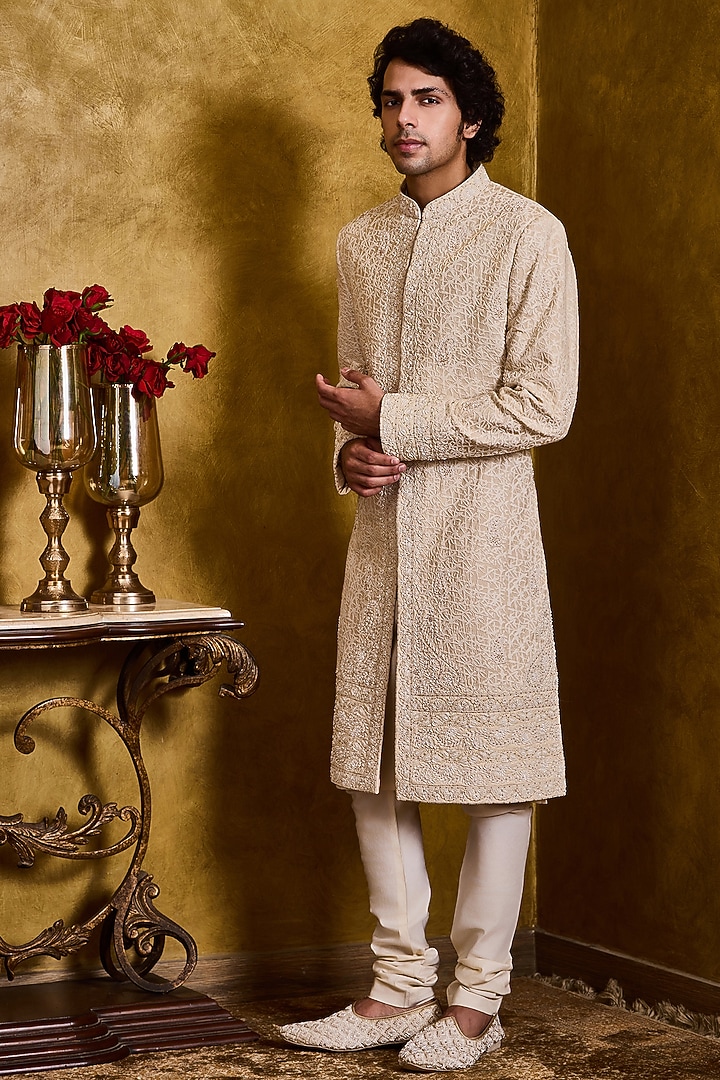 Beige Raw Silk Resham Embroidered Sherwani Set by Histori