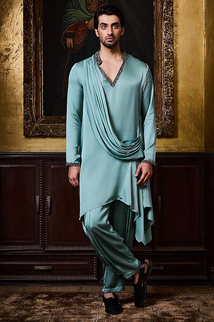 Sea Green Bamberg Satin Crystal Embroidered Kurta Set by NITIKA GUJRAL MEN at Pernia's Pop Up Shop