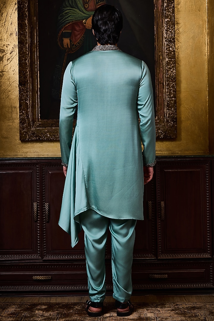 Sea Green Bamberg Satin Crystal Embroidered Kurta Set by NITIKA GUJRAL MEN at Pernia's Pop Up Shop