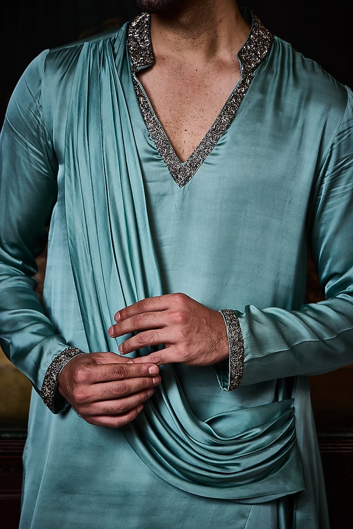 Sea Green Bamberg Satin Crystal Embroidered Kurta Set by NITIKA GUJRAL MEN at Pernia's Pop Up Shop