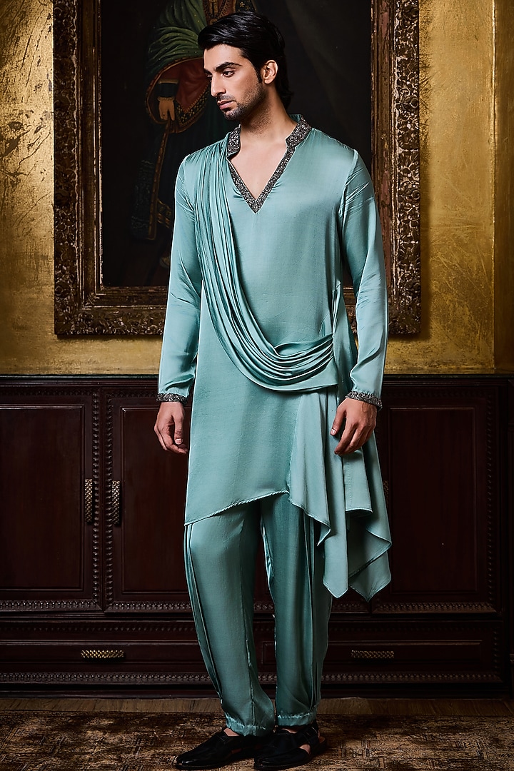 Sea Green Bamberg Satin Crystal Embroidered Kurta Set by NITIKA GUJRAL MEN at Pernia's Pop Up Shop