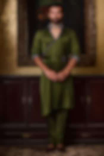 Olive Green Bamberg Satin Crystal Embroidered Kurta Set by Histori at Pernia's Pop Up Shop