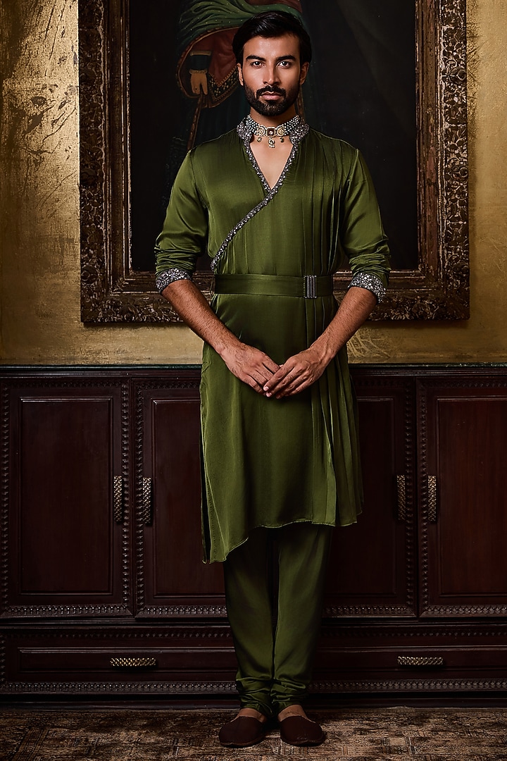 Olive Green Bamberg Satin Crystal Embroidered Kurta Set by Histori at Pernia's Pop Up Shop