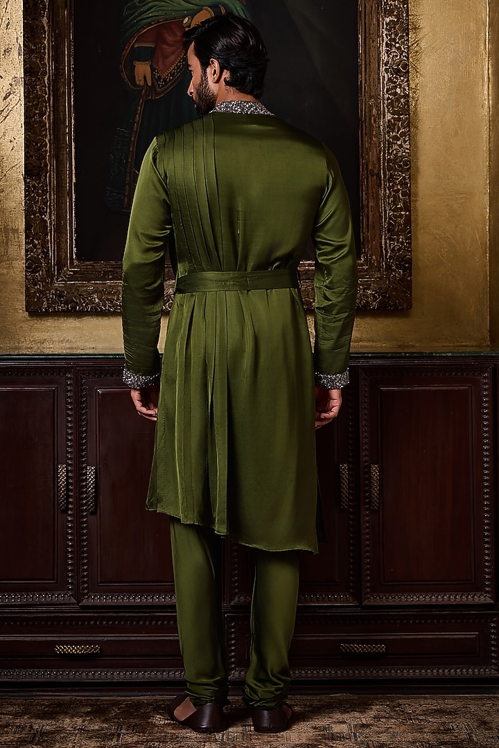 Olive Green Bamberg Satin Crystal Embroidered Kurta Set by NITIKA GUJRAL MEN at Pernia's Pop Up Shop
