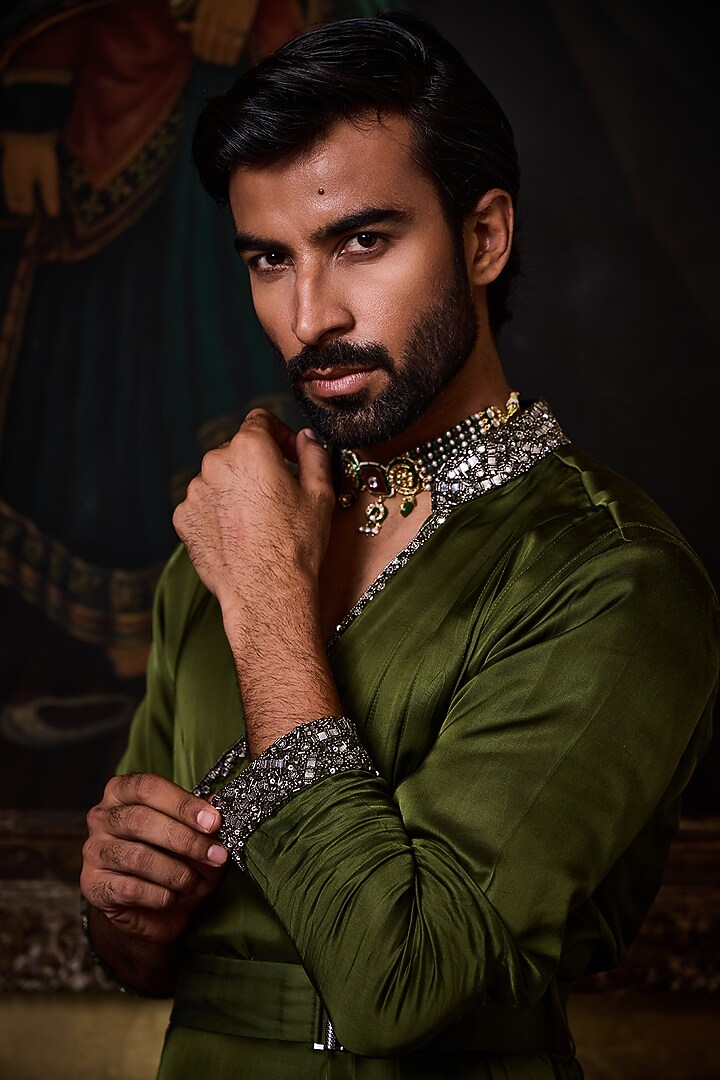 Olive Green Bamberg Satin Crystal Embroidered Kurta Set by NITIKA GUJRAL MEN at Pernia's Pop Up Shop