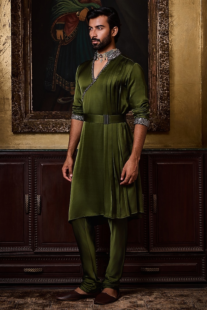 Olive Green Bamberg Satin Crystal Embroidered Kurta Set by NITIKA GUJRAL MEN at Pernia's Pop Up Shop
