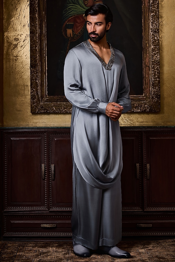 Grey Bamberg Satin Crystal Embroidered Kurta Set by NITIKA GUJRAL MEN at Pernia's Pop Up Shop