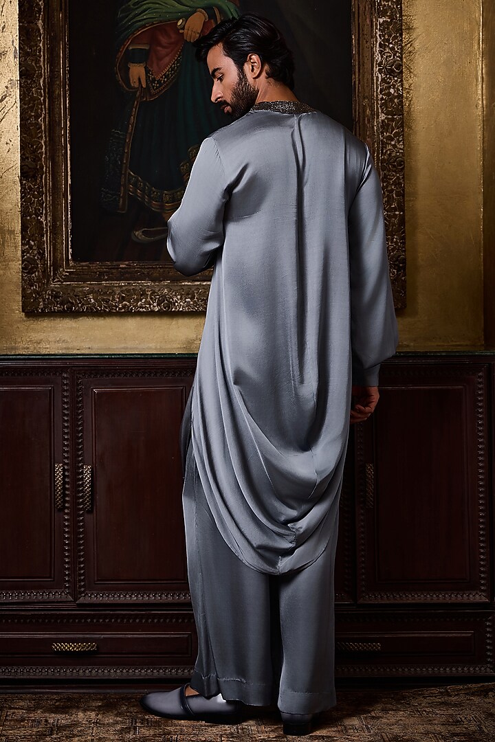Grey Bamberg Satin Crystal Embroidered Kurta Set by NITIKA GUJRAL MEN at Pernia's Pop Up Shop