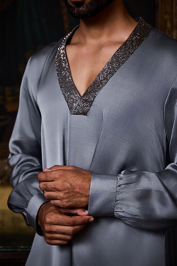Grey Bamberg Satin Crystal Embroidered Kurta Set by NITIKA GUJRAL MEN at Pernia's Pop Up Shop