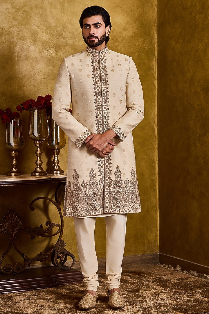 Beige Moonga Tussar Dabka Embroidered Woven Sherwani Set by Histori
