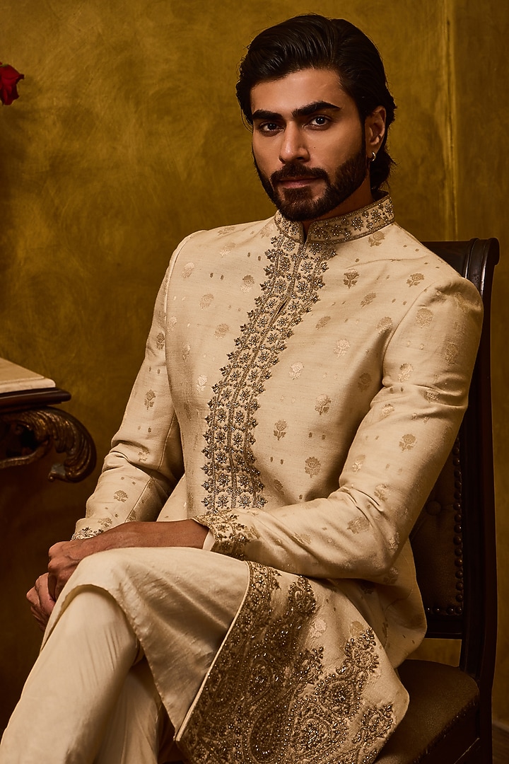 Beige Moonga Tussar Dabka Embroidered Woven Wedding Sherwani Set by NITIKA GUJRAL MEN at Pernia's Pop Up Shop