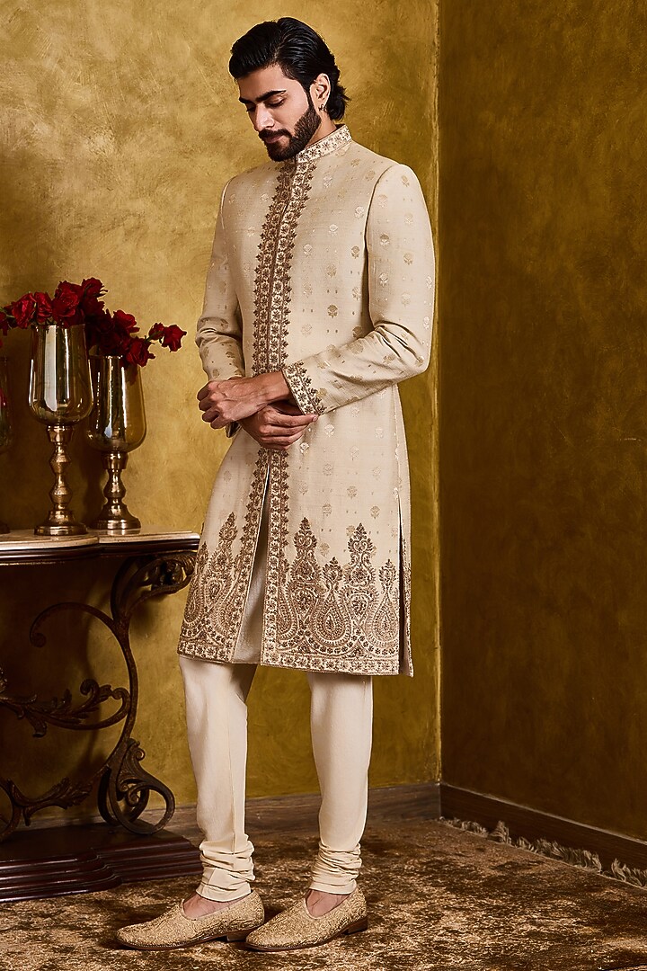 Beige Moonga Tussar Dabka Embroidered Woven Wedding Sherwani Set by NITIKA GUJRAL MEN at Pernia's Pop Up Shop