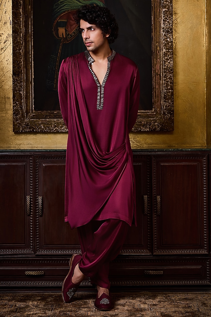 Burgundy Bamberg Satin Crystal Embroidered Kurta Set by Histori at Pernia's Pop Up Shop
