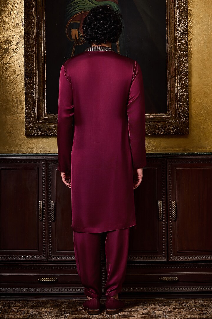 Burgundy Bamberg Satin Crystal Embroidered Kurta Set by NITIKA GUJRAL MEN at Pernia's Pop Up Shop