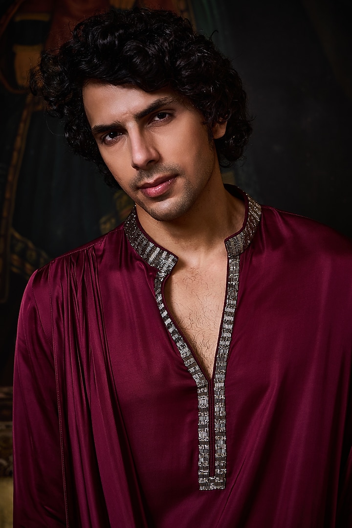 Burgundy Bamberg Satin Crystal Embroidered Kurta Set by NITIKA GUJRAL MEN at Pernia's Pop Up Shop