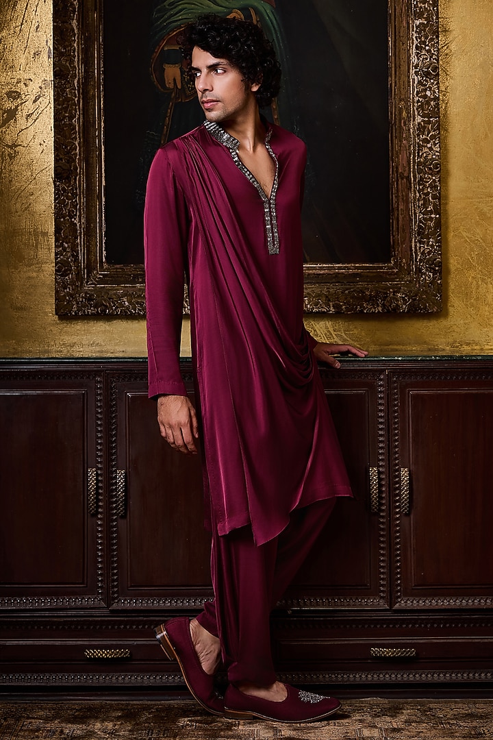 Burgundy Bamberg Satin Crystal Embroidered Kurta Set by NITIKA GUJRAL MEN at Pernia's Pop Up Shop