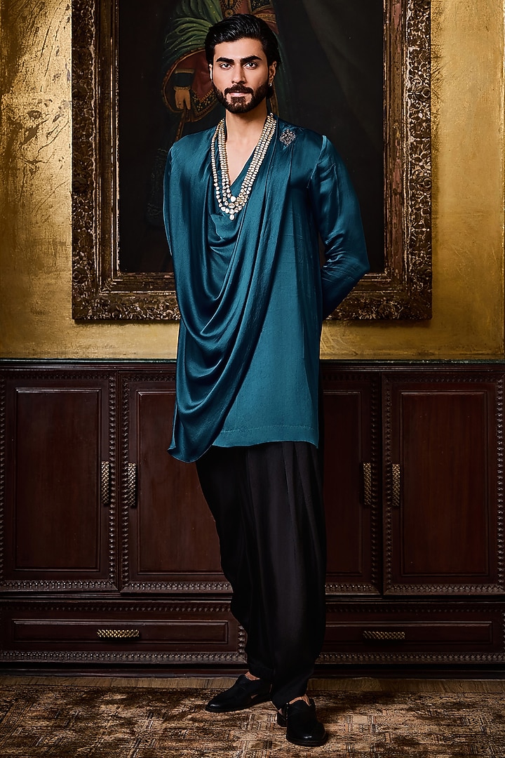 Deep Peacock Blue Bamberg Satin Crystal Embroidered Kurta Set by NITIKA GUJRAL MEN at Pernia's Pop Up Shop